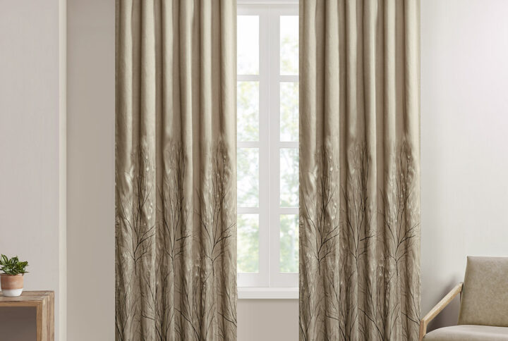 The Madison Park Andora Window Panel Combines Style And Nature In The Best Way. A Striking Tree Branch Design Is Embroidered On Beautiful Faux Silk