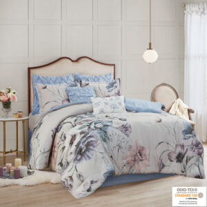 The Madison Park Cassandra 8 Piece Cotton Printed Comforter Set offers a beautiful shabby chic update to your bedroom. The cotton comforter and shams feature a large floral print