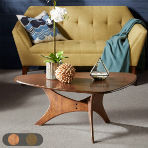 Bring a sleek and refined update to your living room with the INK+IVY Blaze Triangle Wood Coffee Table. This triangular shaped coffee table features a rich pecan wood finish with a unique style base to create a chic mid-century look. Flaunting a gorgeous design