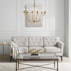 the Hampton Hill Savor 6-Light Traditional Candelabra Styled Chandelier brings an elegant addition to your dining decor. This refined chandelier features 6 curved arms in a gold metal finish to create a luxurious transitional look. The gold ceiling base and chain add distinguishing touches to the design