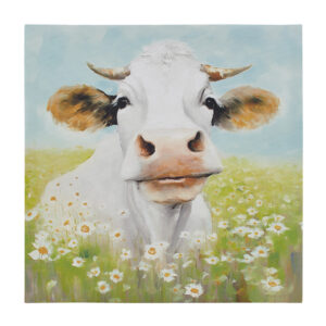 Add a touch of joy and serenity to your space with this captivating wall art decor. Featuring an art image of a delightful cow amidst blooming flower fields