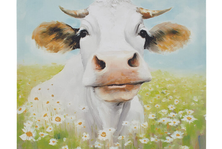 Add a touch of joy and serenity to your space with this captivating wall art decor. Featuring an art image of a delightful cow amidst blooming flower fields