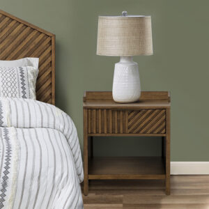 Complete your bedroom with the bold sophistication of INK+IVY’s Sunset Cliff modern nightstand. A grooved geometric wood slat design adorns the face of the single drawer to create texture and dimension