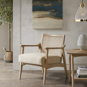 The INK+IVY Kelly Accent Chair offers a charming urban farmhouse appeal to your home decor. Featuring a cane inset back and an upholstered seat