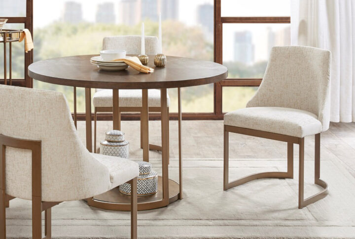 The Madison Park Bryce Dining Chair 2 Piece Set offers a chic modern update to your dining room décor. Upholstered in a rich cream fabric