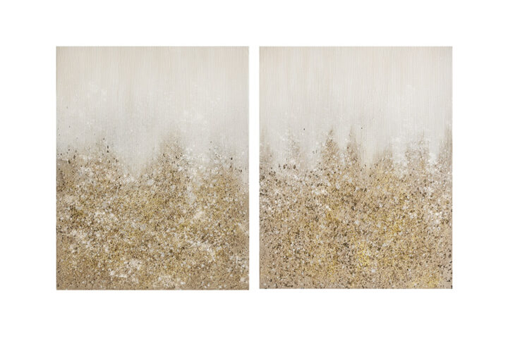 The Madison Park Glimmer Heavily Embellished 2-piece Canvas Wall Art Set brings a touch of glam to your home decor. This 2 piece canvas wall art set features a gradient abstract design in metallic hues for a striking modern look. 100% hand-brushed with real rock and stone embellishments add texture and dimension