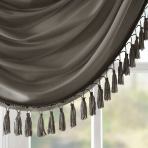 with our Elena Waterfall window valance. This classy pewter valance showcases rich center draping details and a beautiful tassel trim