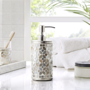 This timeless mosaic collection showcases hand-crafteded mosaic accessories to elevate your bathroom. The combination of champagne gold and silver stained glass in a floral motif reflects light beautifully and can be a luxurious centerpiece for bathroom decor.