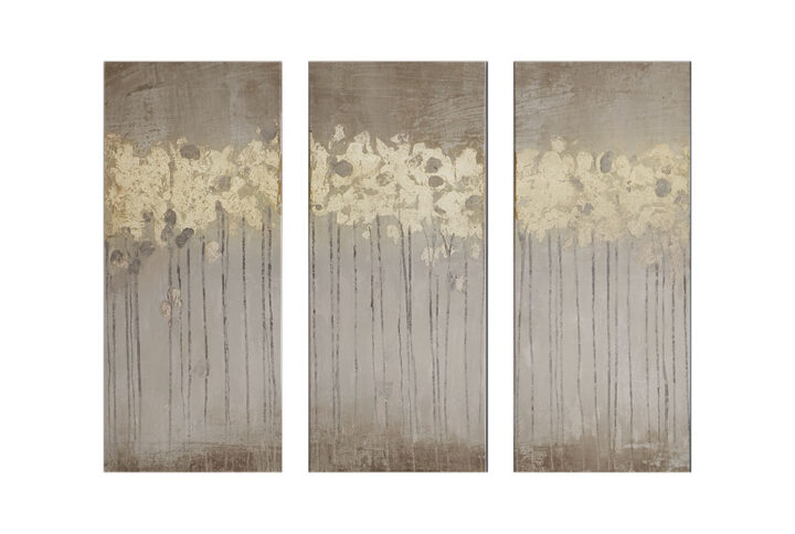 Add a splash of color and style to your decor with the Madison Park Dewy Forest Gold Foil Abstract 3-piece Canvas Wall Art Set by Artist Delsie Walters. Each gel coated canvas features an abstract tree design in  taupe and neutral hues