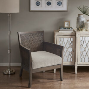 Relax in the comfort and simple style of the Madison Park Diedra Cane Armchair. The unique cane back and sides feature an espresso wood finish