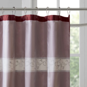 Add an elegant addition to your bathroom with the Madison Park Serene shower curtain. Its rich red and delicate embroidery are the perfect combination. This shower curtain is machine washable for easy care. Various sizes are available to fit any bathroom space.Complete the look with coordinating bedding available and sold separately.