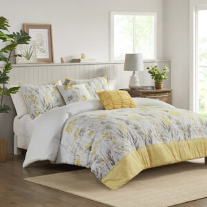 Featuring a floral print on a white ground and a yellow border at the foot