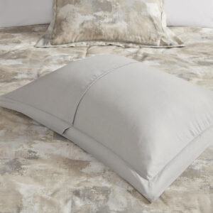 taupe and cream color on the cotton-rich ottoman weave face with a solid grey reverse to create a glamorous look. The 2 matching shams mirror the abstract design of the comforter