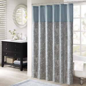 The Madison Park Aubrey Polyester Jacquard Shower Curtain creates a sophisticated modern look in your bathroom. The pieced design flaunts a beautiful woven jacquard in an updated paisley motif with a large solid stripe at the top of the shower curtain. This jacquard shower curtain is machine washable for easy care. Complete the collection and look with coordinate bath towels