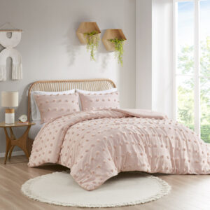 Refresh your bedroom with the elegant style of Intelligent Design's Lucy Clip Jacquard Comforter Set. This beautiful comforter features fun and playful clip jacquard pompoms all over the face that add dimension to the top of the bed for a lovely look. The matching shams (1 in Twin/TwinXL) also flaunt the delicate design of the comforter to complete the jacquard bedding set. Hypoallergenic polyester filling in the fashionable comforter contains no allergens and is treated to be dustproof. Machine washable for easy care