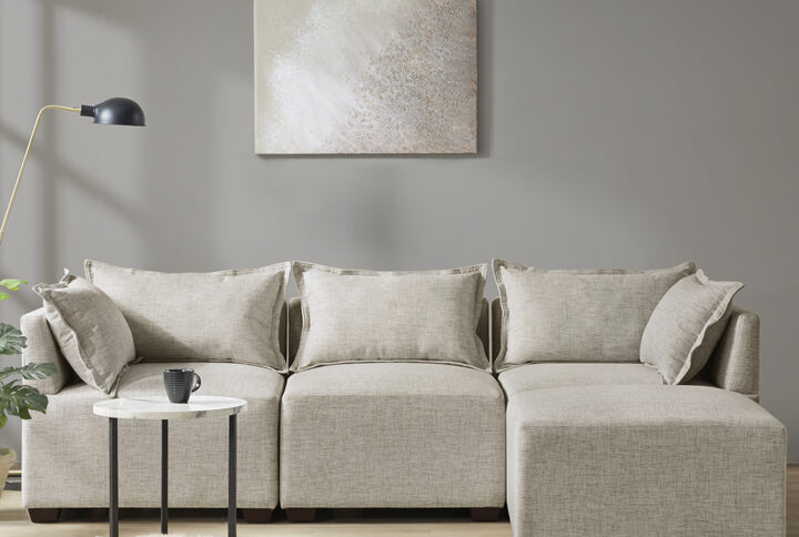 the modular pieces feature a sleek and clean design for a casual and long lasting look. With unlimited combinations using pieces from the Molly sofa collection