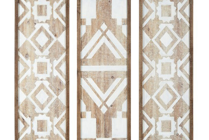 Create a simple arrangement on your wall with our Madison Park Mandal Panel Two-tone Geometric 3-piece Wood Wall Decor Set. Globally inspired patterns are beautifully printed and carved on soft natural wood