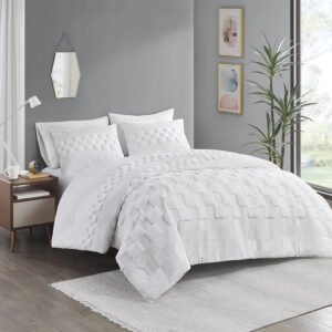 The Bennett duvet cover set features a unique checkered pattern with clipped chenille for a modern