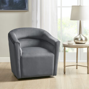 The Ryker Swivel Chair by Madison Park offers a luxurious blend of comfort and style to update your living room. This swivel chair features a round back and armrests with a horizontal channel that adds dimension to the transitional design. The soft