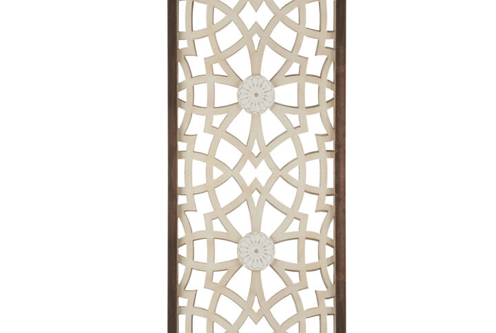 The Madison Park Damask Wood Panel Two-tone Geometric Wall Decor offers a beautiful farmhouse style update to your home decor. This wood panel wall art features a carved fretwork design on the MDF back that creates an elegant look. A solid wood frame completes the wall decor