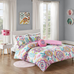 Brighten your bedroom with the fun and colorful style of the Mi Zone Camille Floral Comforter Set. The bright comforter and shams (1 in Twin/TwinXL) features a vibrant medallion flower print with a solid pink reverse