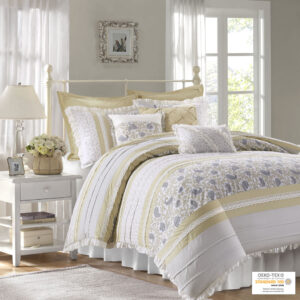 The Madison Park Dawn 9 Piece Cotton Percale Comforter Set offers a shabby chic update to your bedroom decor. A paisley print is featured on the cotton comforter with pintucked fabric separated by lace taping embellishments. Around the edge