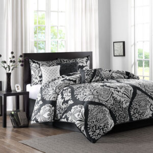 The Madison Park Vienna 7 Piece Cotton Printed Comforter Set offers an eye-catching update to your bedroom decor. A beautifully intricate damask pattern is flaunted across the comforter and shams