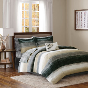 The Madison Park Essentials Saben Complete Comforter and Cotton Sheet Set provides a modern update to your bedroom. A watercolor stripe print is beautifully displayed on the ultra-soft microfiber comforter. The matching shams (1 in Twin Sizes) mirror the pattern of the comforter