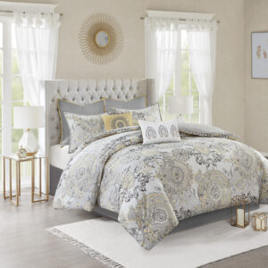 Refresh your bedroom with the Madison Park Isla 8 Piece Cotton Printed Reversible Comforter Set. The 100% cotton comforter and shams flaunt a botanical floral design with a medallion motif printed in soft watercolor hues. A printed pattern on the reverse complements the top of the bed. Two solid Euro shams and a solid bed skirt add a rich touch of color to the bedding set