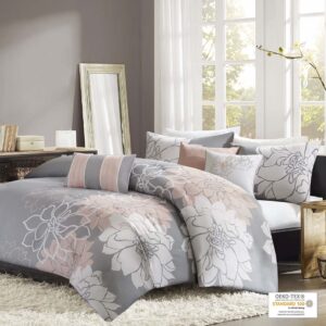 The Madison Park Lola 6 Piece Printed Duvet Cover Set transforms your bedroom into a beautiful and graceful space. A gorgeous floral print in a soft white and peach hue pops against the solid grey ground cotton duvet cover and shams for a stunning transitional look. Three decorative pillows with embroidered details and fabric manipulation add texture and dimension to the bed