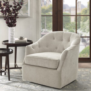 Classic meets contemporary with the Madison Park Calvin Swivel Chair. Upholstered in a soft natural-hued fabric