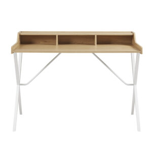 Make any room the perfect work space with the 510 Design Laurel 23.5" Writing Desk with Storage and Metal Crossed Legs. This rectangular writing desk features a natural top finish and white metal legs to create a modern contemporary design. The 3 built-in cubbies on top of the desk offer plenty of storage space