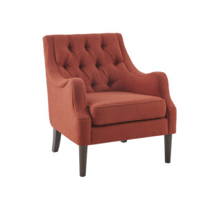 Grace your living room with the Madison Park Qwen Button Tufted Chair. This vintage inspired frame features sweeping serpentine arms and deep button tufting to create a soft diamond accent. The tight back chair is upholstered in a vibrant spice fabric. It is elevated on elegantly tapered solid wood legs in espresso finish. Leg assembly required.