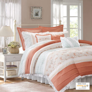 The Madison Park Dawn 9 Piece Cotton Percale Comforter Set offers a shabby chic update to your bedroom decor. A paisley print is featured on the cotton comforter with pintucked fabric separated by lace taping embellishments. Around the edge