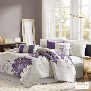 The Madison Park Lola Comforter Set transforms your bedroom into a beautiful and graceful space. A gorgeous floral print in a soft white and purple hue pops against the solid taupe grey ground cotton sateen comforter and shams (1 for Twin/Twin XL Sizes) for a stunning transitional look. Three decorative pillows with embroidered details and fabric manipulation add texture and dimension to the bed