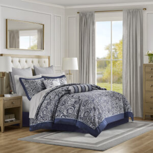 Give your bedroom a classic and elegant look with the Madison Park Aubrey 12 Piece Complete Bed Set including cotton bed sheets. This stunning set features a jacquard weave with a modern paisley pattern in a deep navy