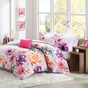 Bring a bright and cheerful update to your bedroom with the Intelligent Design Olivia Comforter Set. The comforter and shams (1 in Twin/TwinXL) flaunts bright colors and an asymmetrical floral print to invigorate your space with striking style. A solid grey reverse complements the top of the bed. The 2 decorative pillows feature floral embroidery and fabric manipulation