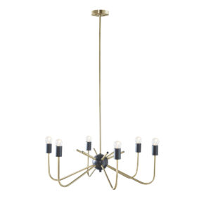 this chandelier features 6 angular curved rods that support upright lights to illuminate your space. The antique brass ceiling base and down rod complements the contemporary design to complete the look. 6 Type A bulbs are needed (not included).