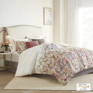 The Madison Park Mariana 7 Piece Cotton Printed Comforter Set brings a touch of beauty to your bedroom decor. This cotton comforter features a watercolor floral print that runs from the middle of the bed to the foot