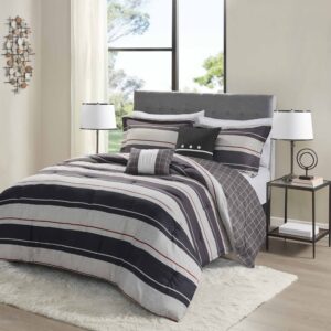 The Madison Park Essentials Dalton Reversible Comforter Set offers a total transformation and modern update to your bedroom. The ultra-soft microfiber comforter features ombre grey and charcoal stripes on the face with a windowpane print on the reverse