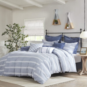 The Madison Park Signature Noble 9 Piece Cotton Comforter Set perfectly blends causal and elegant style to elevate your bedroom. This cotton comforter showcases a woven blue and white stripe pieced design to create an elegant farmhouse look. The cotton weave provides a subtle