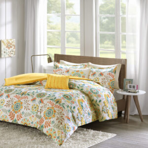 Update your bedroom with the warm and bright charm of the Intelligent Design Nina Comforter Set. The soft white microfiber comforter features a floral medallion and bird print in vivid colors with a solid yellow reverse