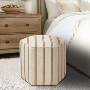 complete your living room decor with the Ellen Accent Ottoman. This hexagonal ottoman is upholstered in a natural-hued printed stripe fabric for a unique transitional look. The solid and plywood frame provides strong and sturdy support.  At her country farmhouse