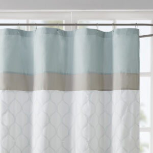 this shower curtain flaunts an elegantly intricate pattern in beautiful seafoam hues for a traditional look. Embroidered detailing adds texture and charm to the design