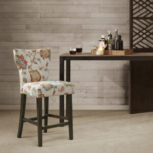 Change up your kitchen decor with the stunning style of the Madison Park Avila Tufted Back Counter Stool. This counter stool features a high button-tufted back upholstered in a light fabric with a multi-hued floral print