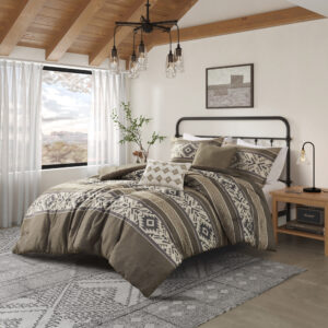 Spice up the bedroom with this southwestern-insprired comforter set featuring stipes with bold geometric patterns in hues of brown