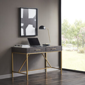 Complete your office décor with modern style of the Martha Stewart Sharkey Desk. This desk features a solid wood veneer top in a dark morocco finish and a gold metal frame