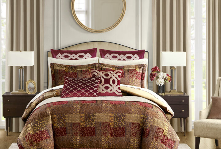 This patchwork is one of Croscill’s signature patterns that has not been surpassed in the past decades. It cleverly samples different ornamental patterns. This pattern is created with a jacquard loom in order to achieve the intricacy of the design and to enhance different textures and nuances in the weaving. This color palette is characterized by warm