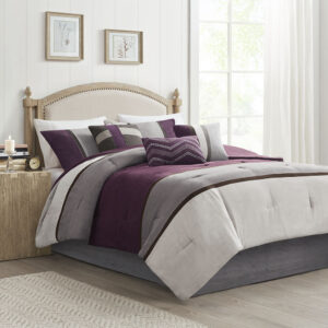 The Madison Park 7 Piece Palisades Comforter Set offers you a casual alternative in fashion bedding. The reverse of the comforter is solid purple. The soft microsuede in heather grey