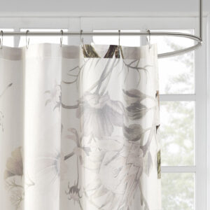 this shower curtain features a large floral print in soft blush hues on an ivory ground to create a gorgeous and unique design. With a soft and romantic color combination